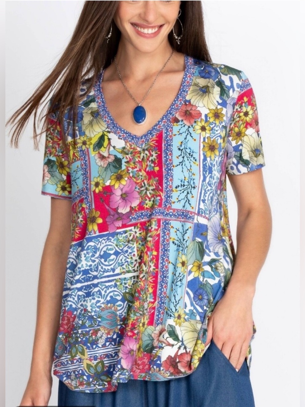 Johnny Was The Janie Blue Floral Patchwork V-Neck Short Sleeve Bamboo Tee XS